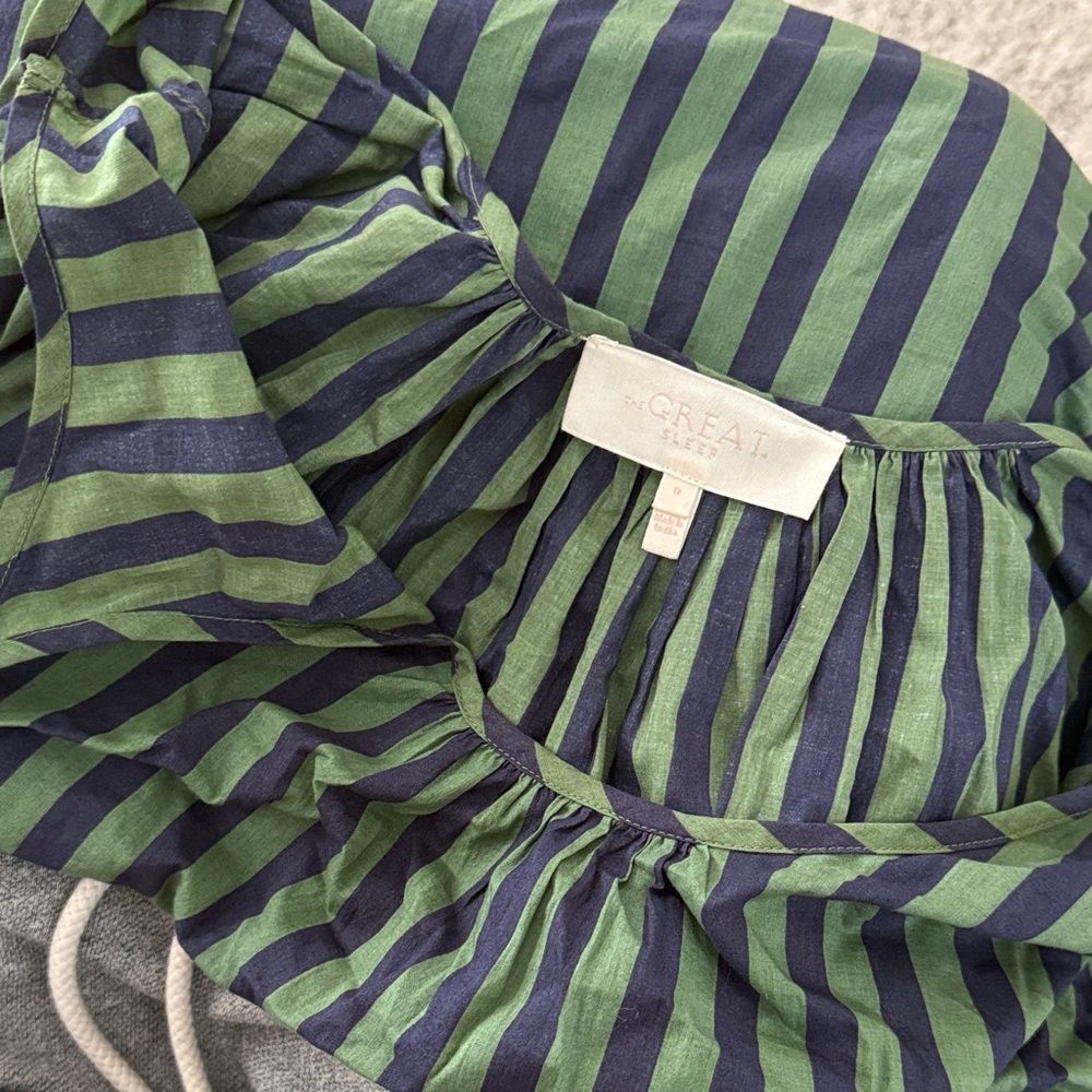 THE GREAT. Green and Navy Striped sleep dress